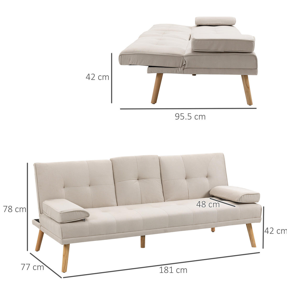 SCHLAFSOFA 3-Sitzer mit klappbarem Tisch 181 cm Beige - Beige, Holzwerkstoff (181/78/77cm) - Meubliv