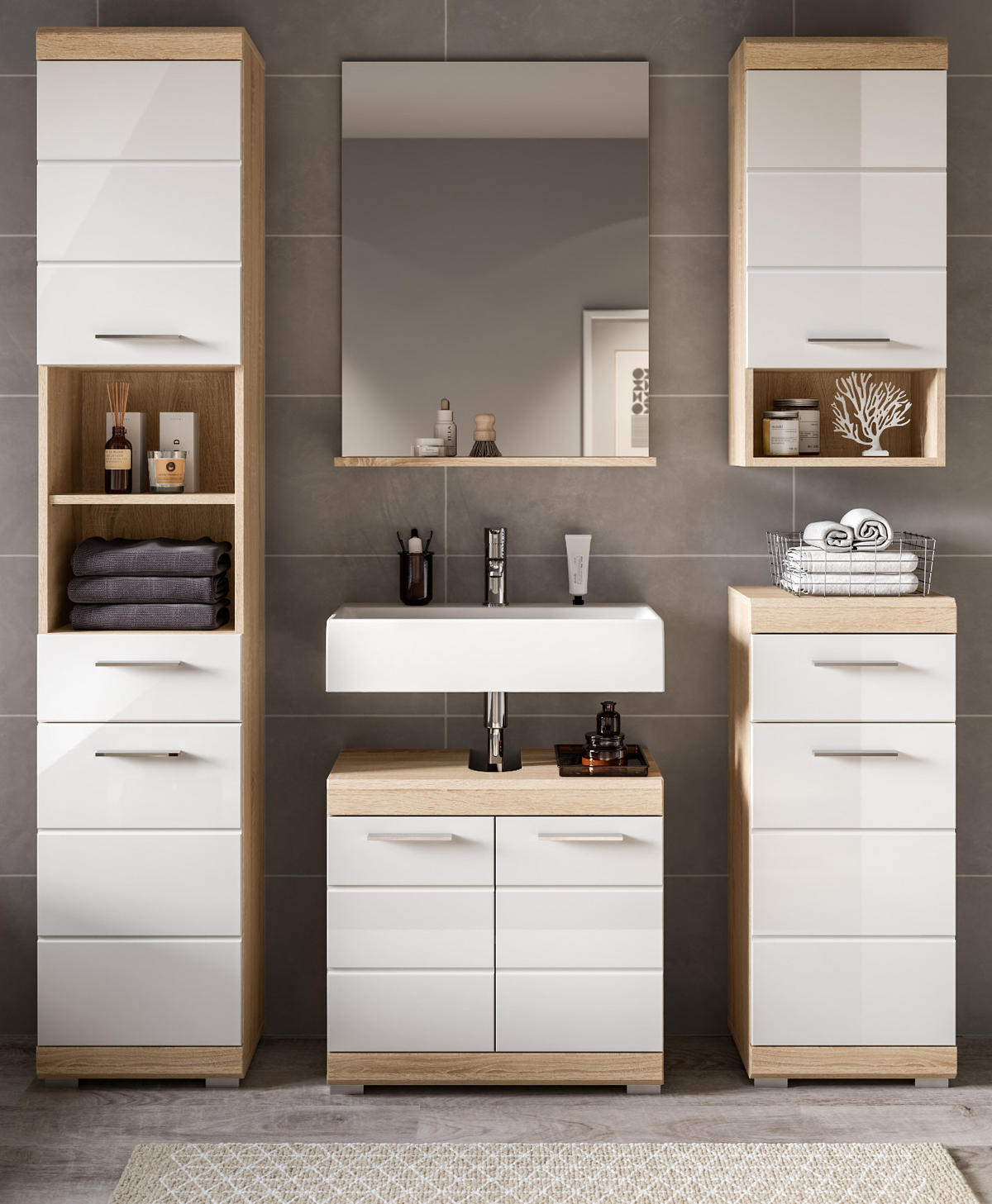 BADMÖBEL-SETWEISS Hochglanz, Eiche 5-teilig 164 cm, Komplettset mit viel Stauraum - Weiß Hochglanz/Eichefarben, Holzwerkstoff (164/191/34cm) - Inn.Furn