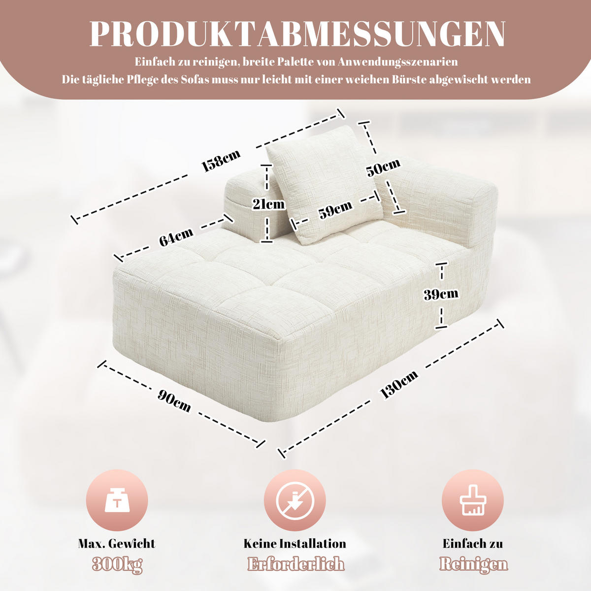 CHAISELONGUE Sofa Chenille mit Kissen und Seitentaschen 158/90/60 cm Beige - Beige, Textil (60/158/90cm) - Redom