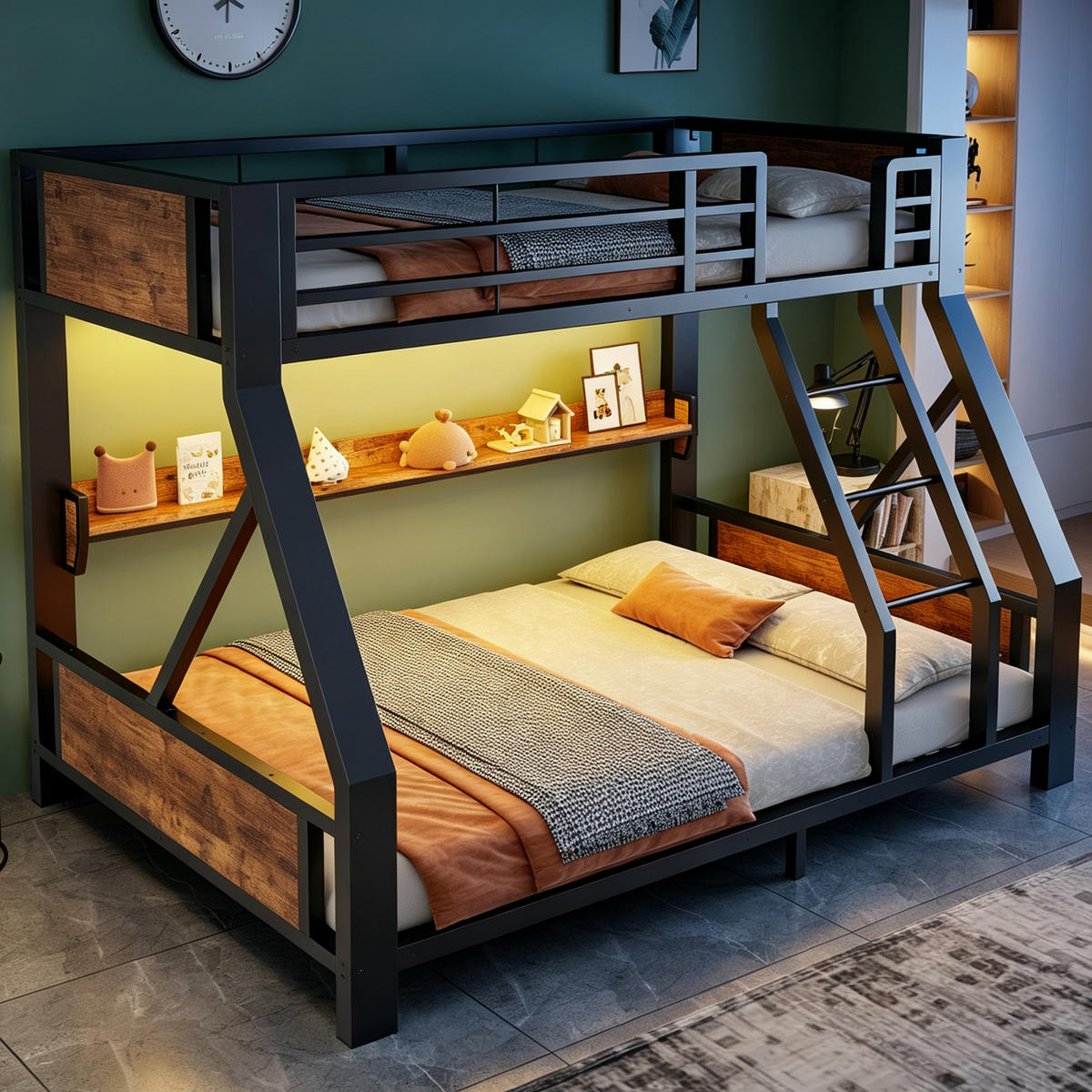 ETAGENBETT 90/140/200 cm mit LED, DE-41604, in Schwarz - Schwarz, Metall (140/200cm) - ComfortXL