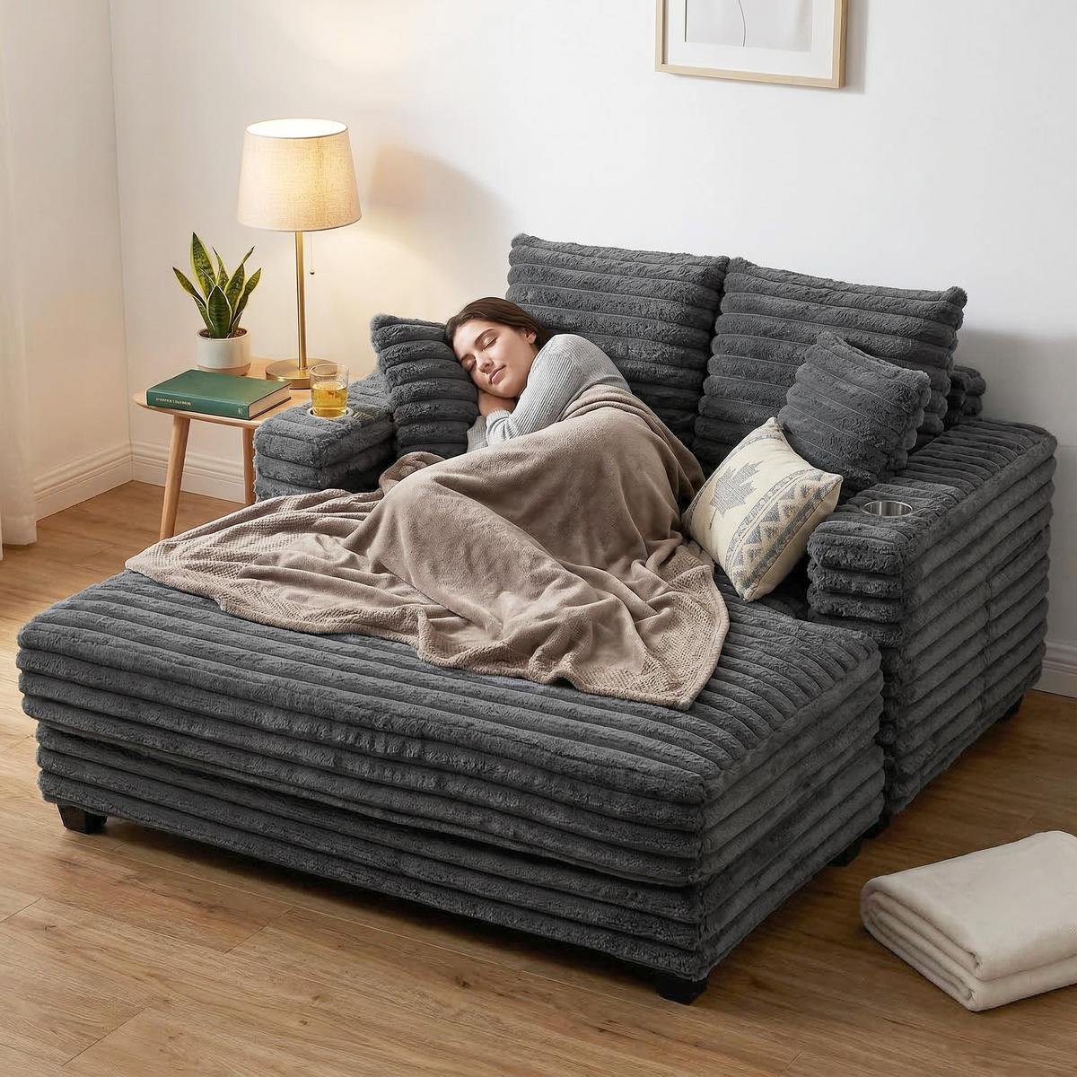 CHAISELONGUE 2 SITZER DE-06570 Großes Schlafsofa mit Becherhalter Grau - Grau, Holz/Textil (134/89/151cm) - ComfortXL