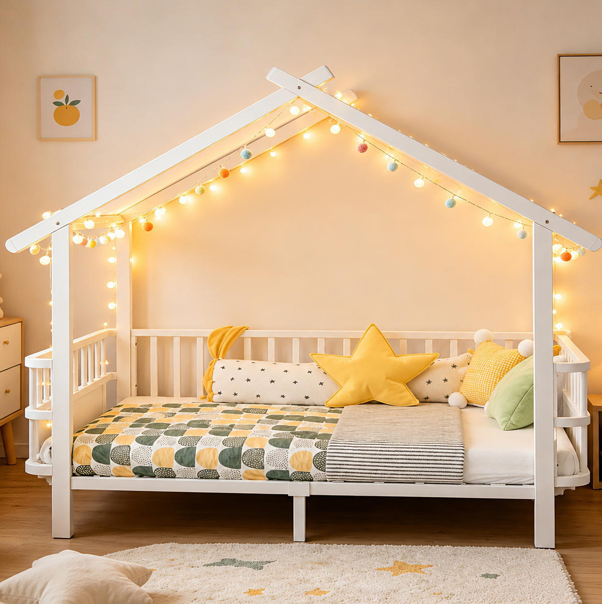 KINDERBETT mit Dachdesign und Sicherheitsgitter Metall Weiß 90 x 200 cm - Weiß, Metall (90/200cm) - MIVRAY