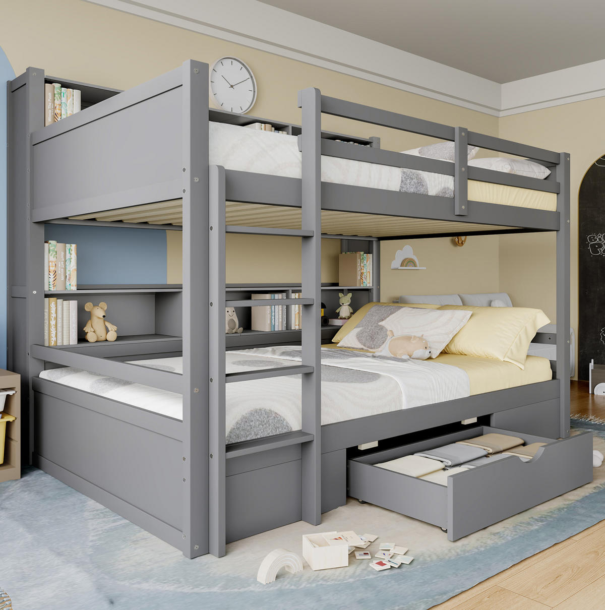 ETAGENBETT aus Kiefernholz und MDF 90x200 cm Grau mit Schublade, Ablagefächern und Sicherheitsgeländer - Grau, Holzwerkstoff (90/200cm) - Modfu