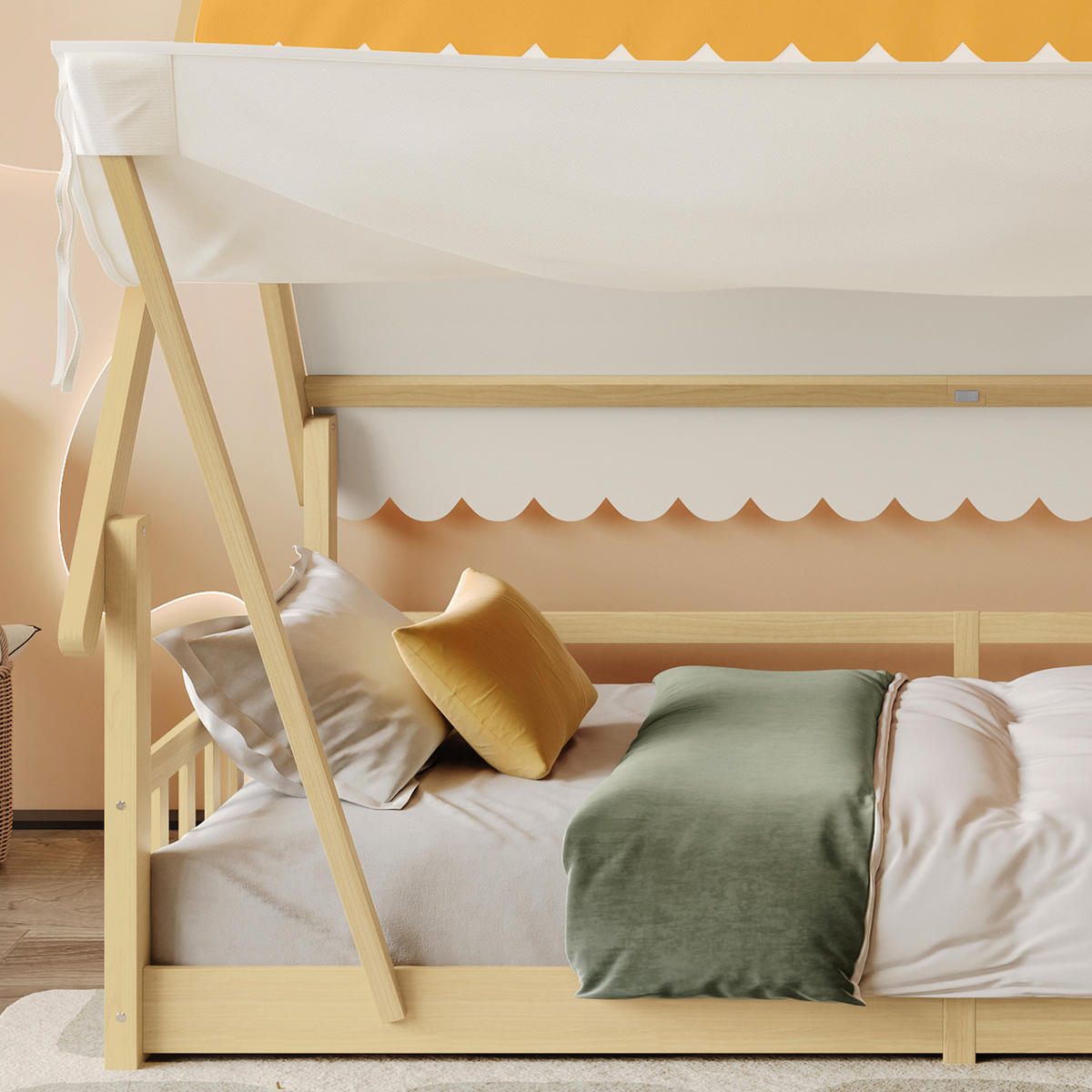 KINDERBETT 90/200 cm in Hausform mit Zelt und Sicherheitsgeländer - Weiß, Holz (90/200cm) - BEAOK