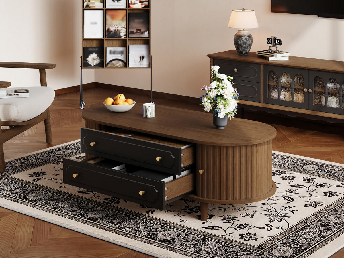 COUCHTISCH 100/50/36 cm Walnussholz Schwarz aus Holzwerkstoff mit 2 Rolltüren und 2 Schubladen - Walnussfarben, Holzwerkstoff (100/50/36cm) - OKWISH