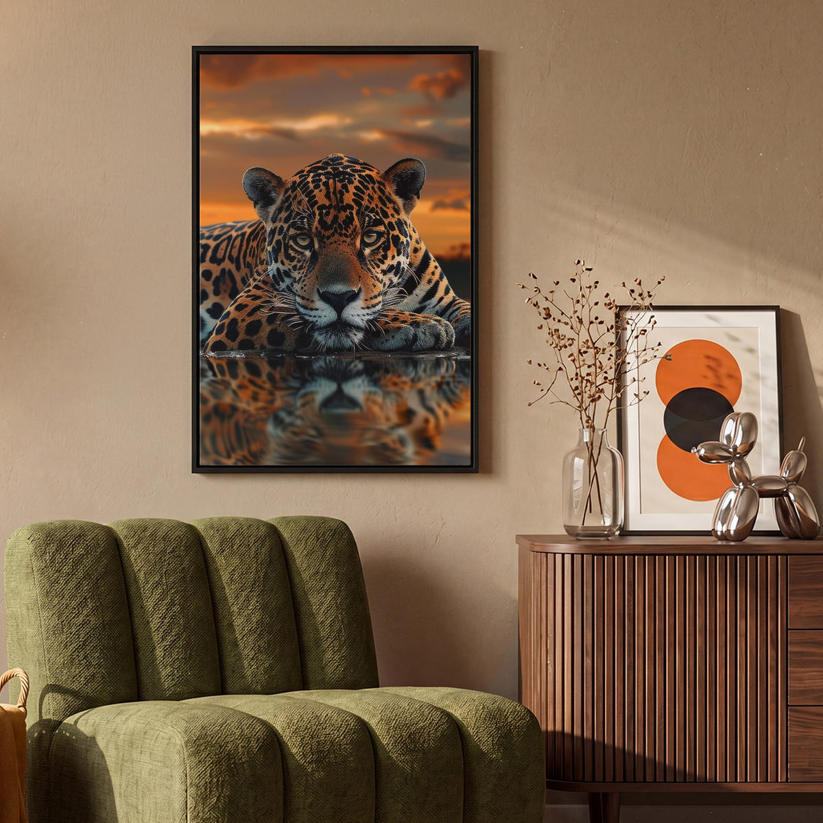 LEINWAND Bilder mit Rahmen - Natur - Leopard - Tier - Sonnenuntergang - Modern - 60x90 - Orange, Textil (60/90cm) - MuchoWow