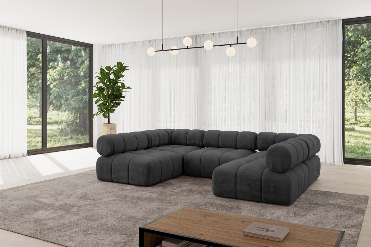 WOHNLANDSCHAFT modulares Sofa Garvo-U1 - 285x190x70 cm Schwarz Velours - Schwarz, Holzwerkstoff/Textil (285/70/190cm) - ALTDECOR