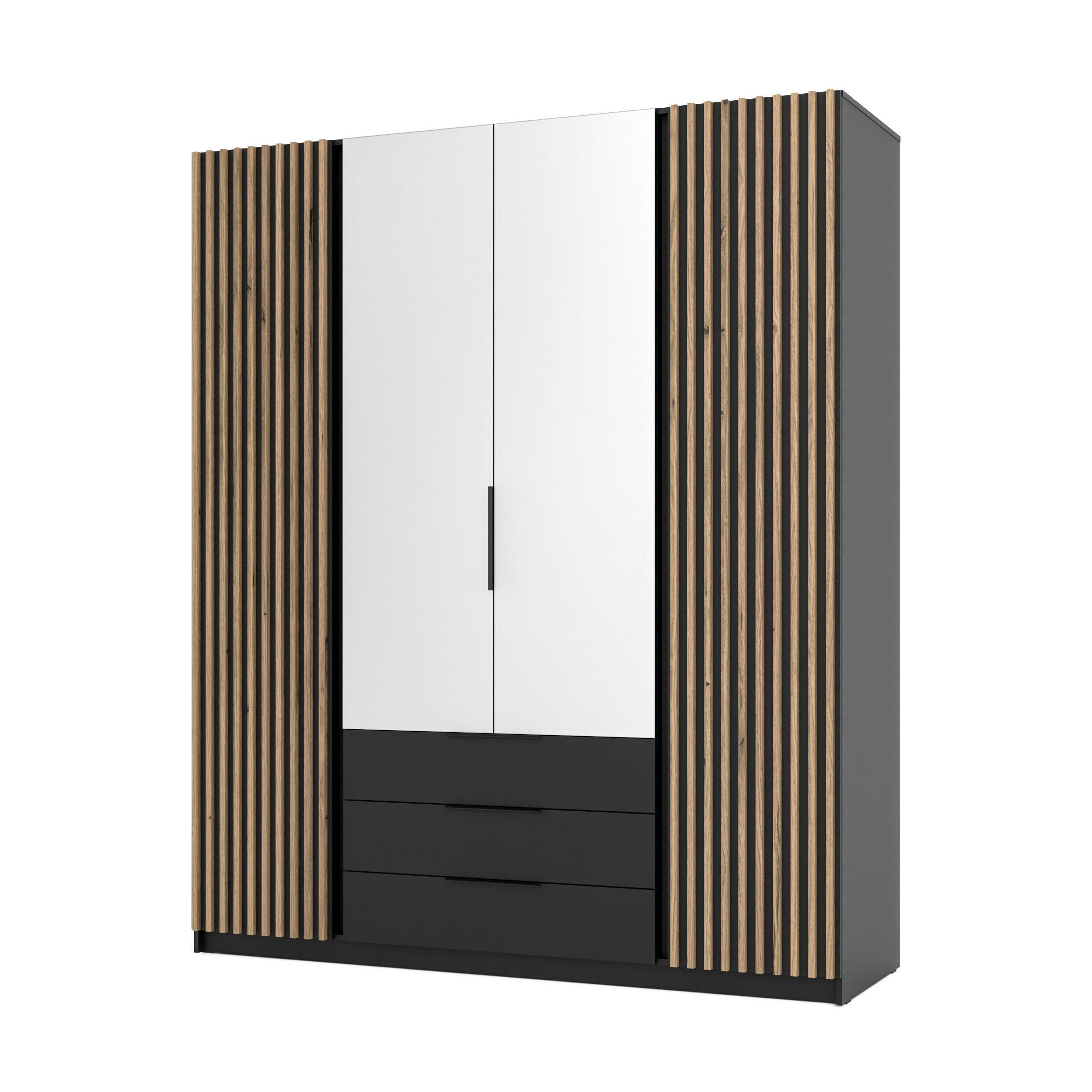 DREHTÜRENSCHRANK CAGLIARI 200/239/61,9cm 4-türig mit Spiegel Schwarz - Schwarz, Holzwerkstoff (200/239/61.9cm) - MASSENO