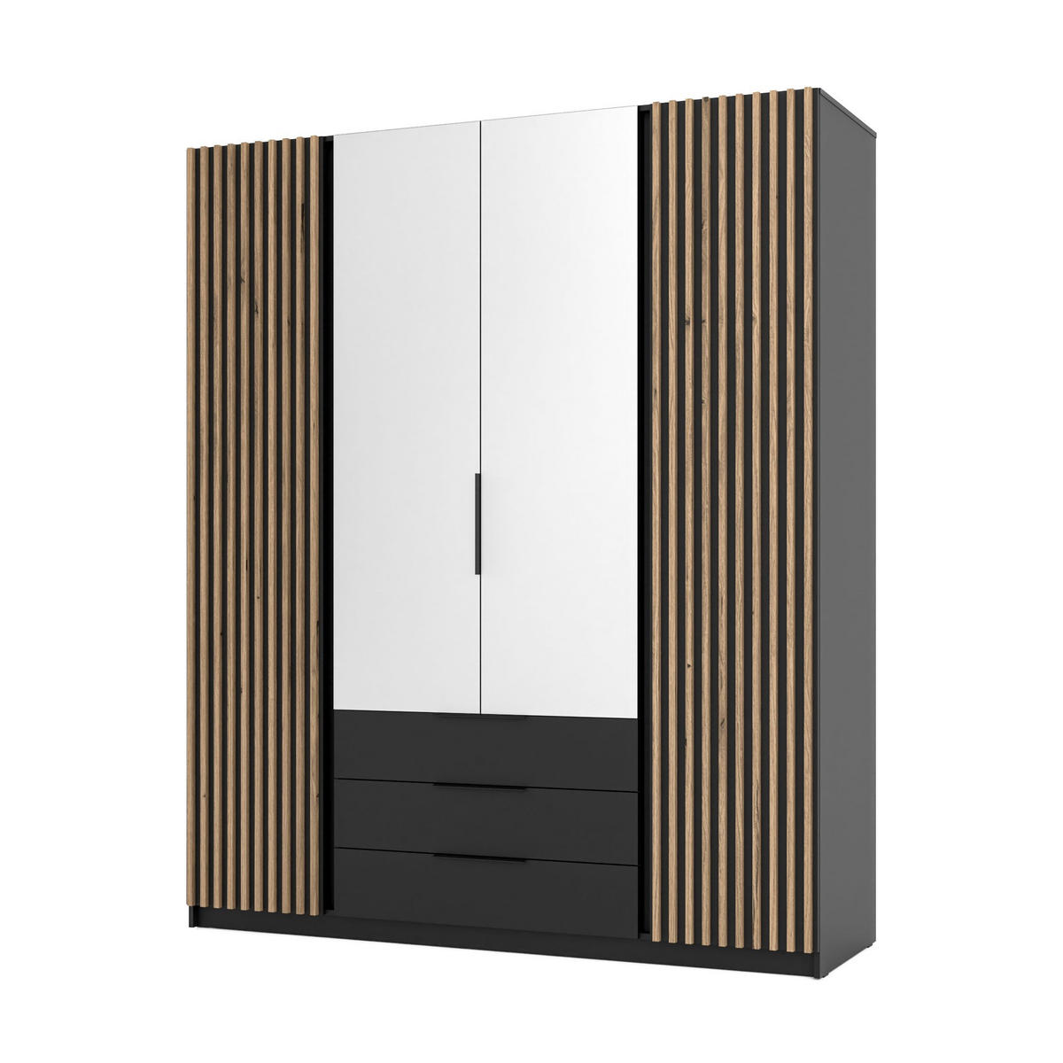 DREHTÜRENSCHRANK CAGLIARI 200/239/61,9cm 4-türig mit Spiegel Schwarz - Schwarz, Holzwerkstoff (200/239/61.9cm) - MASSENO