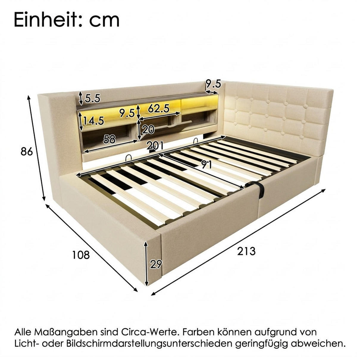 POLSTERBETT 90/200 cm Beige mit LED-Beleuchtung und Stauraum (Ohne Matratze) - Beige, Textil (90/200cm) - Oxeza