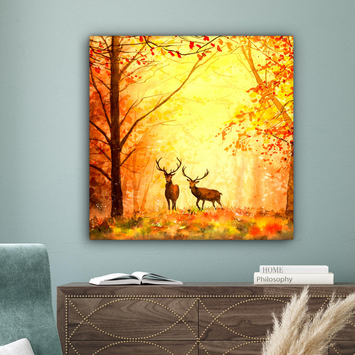 LEINWANDBILD Natur - Ölfarbe - Hirsche - Tiere - Herbst - Orange Deko Groß 90x90 cm - Orange, Textil (90/90cm) - MuchoWow
