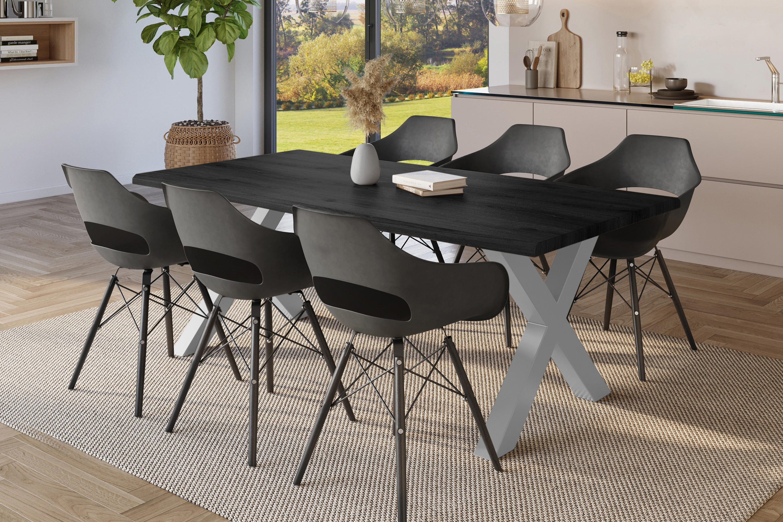 Thumbnail - SAM Esstisch, Dunkelgrau, Silber, Holz, Teilmassiv, Quadratisch, 220x77x100 cm, Esszimmer, Tische, Esstische