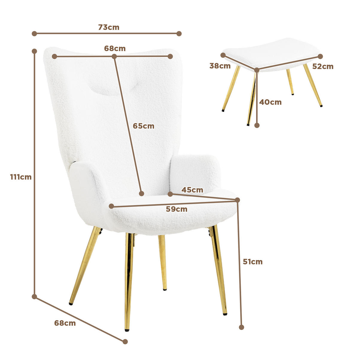 OHRENSESSEL mit Hocker, Sessel mit Sherpa-Bezug, Hohe Rückenlehne, Weiß - Weiß, Kunststoff (68/111/73cm) - HOMCOM