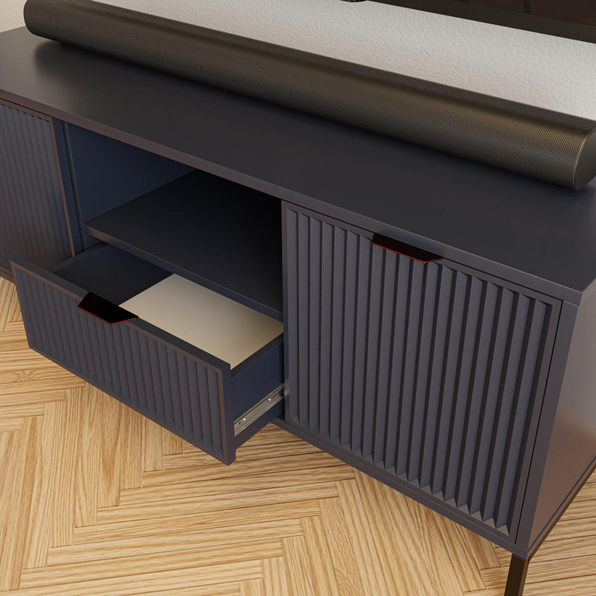 TV-LOWBOARD mit 1 Schublade und 2 Türen, Beige - Schwarz/Dunkelblau, Holzwerkstoff/Metall (135/56.1/40.6cm) - Idohome