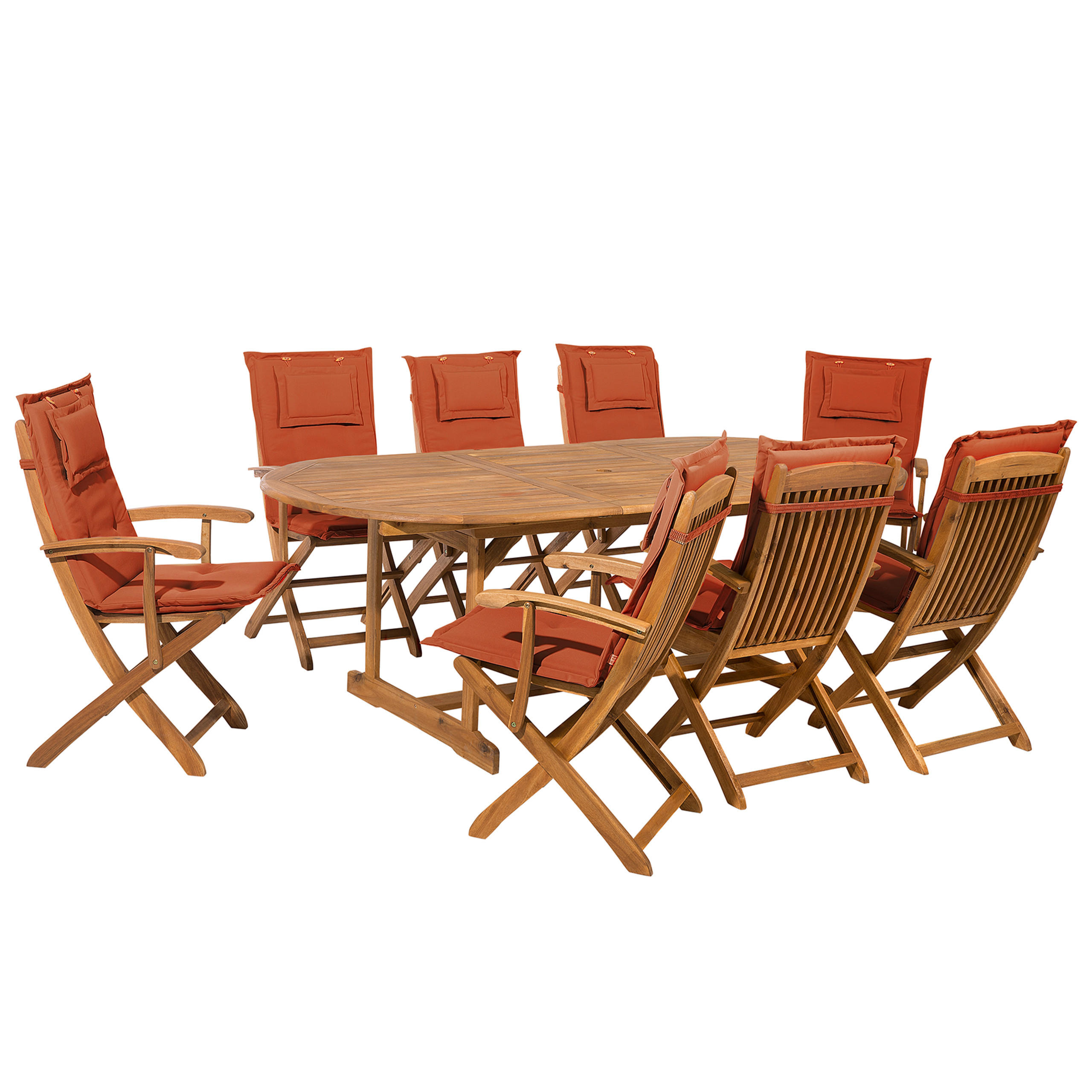 GARTENMÖBEL SET 8-Sitzer Akazienholz hellbraun Auflagen terracotta Maui - Hellbraun/Rot, Holz - Beliani