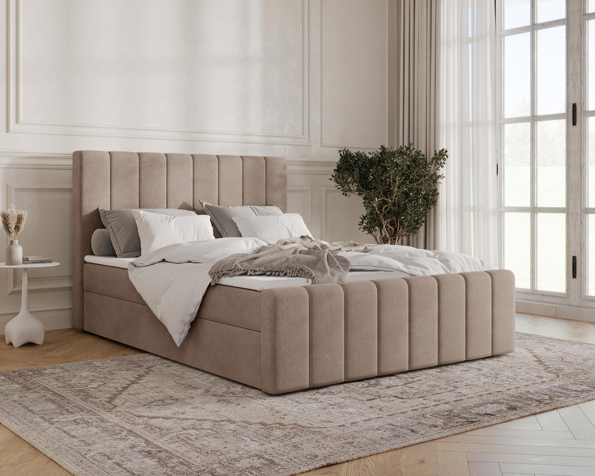 BOXBETT 01 BIS 140 x 200 cm - Manila - Modernes Polsterbett mit Bettkasten inkl. PU-Schaum-Topper und Federmechanismus - Cappuccino, Holz (140/200cm) - ROYAL24_MARKT