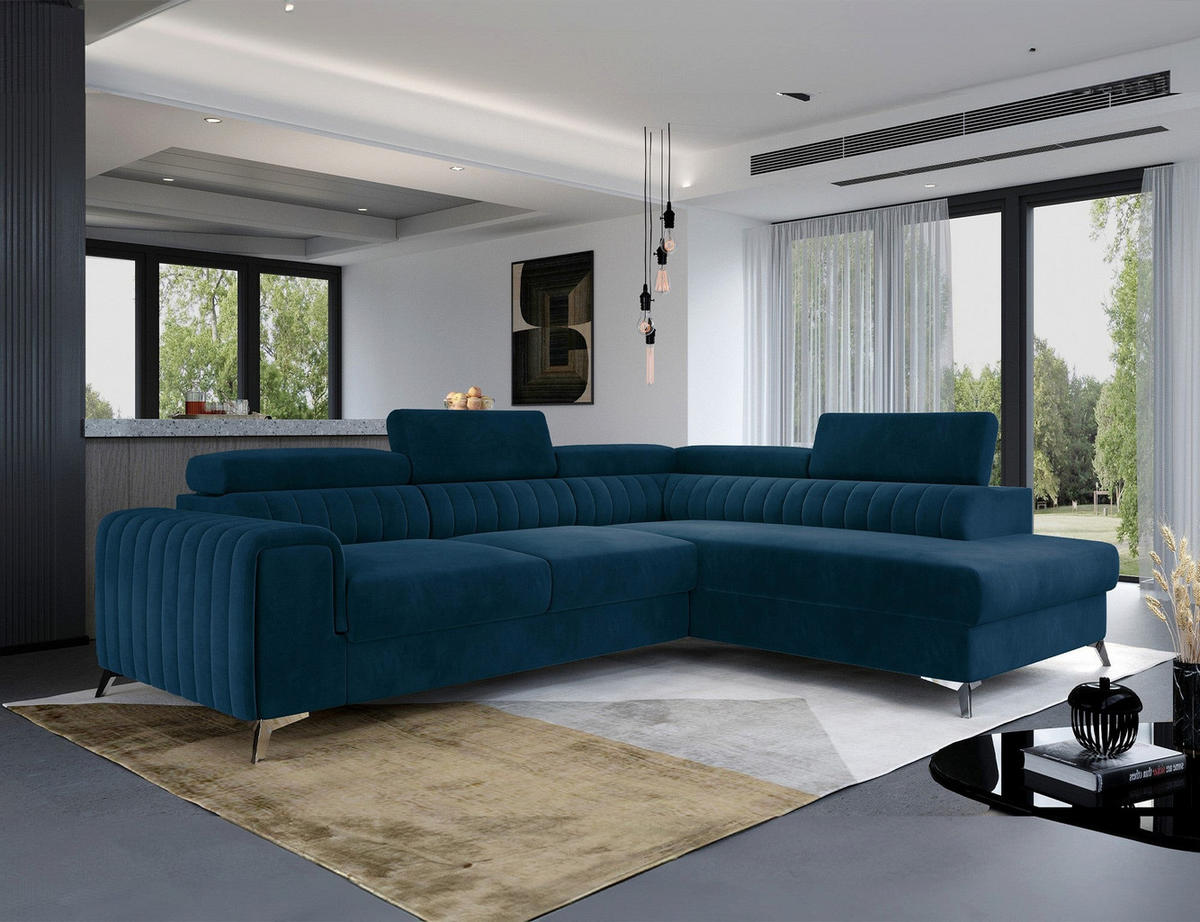 ECKSOFA Laurence mit Schlaffunktion & Bettkasten – 278 x 205 cm, verstellbare Kopfstützen - Blau, Kunststoff (278/205cm) - Wohnideebilder