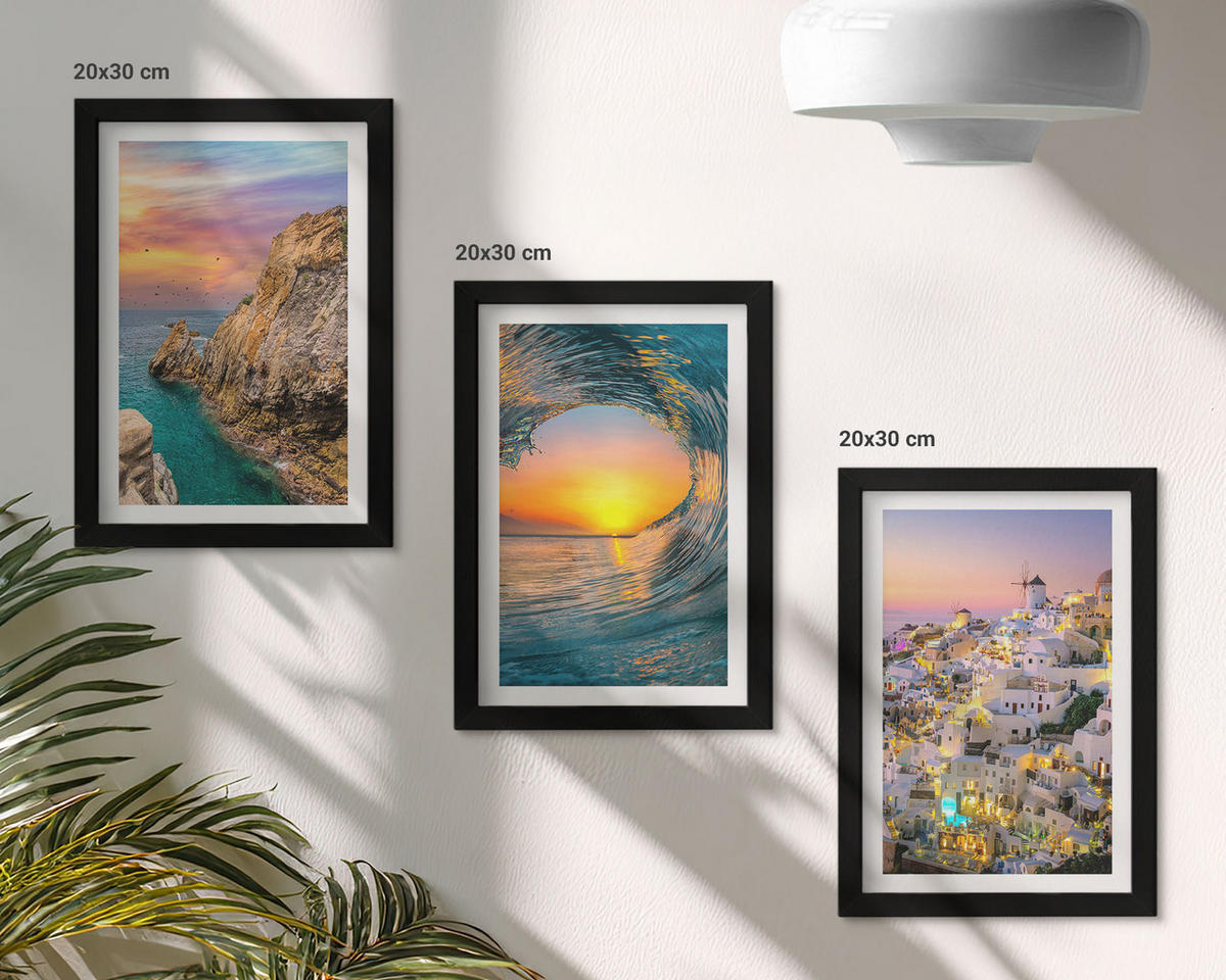 WANDBILDER 3er-Set - 20x30 cm Schwarzer Rahmen - Meereswellen, weiße Häuser, Santorini - Schwarz, Kunststoff (20/30cm) - ArtPrintCave