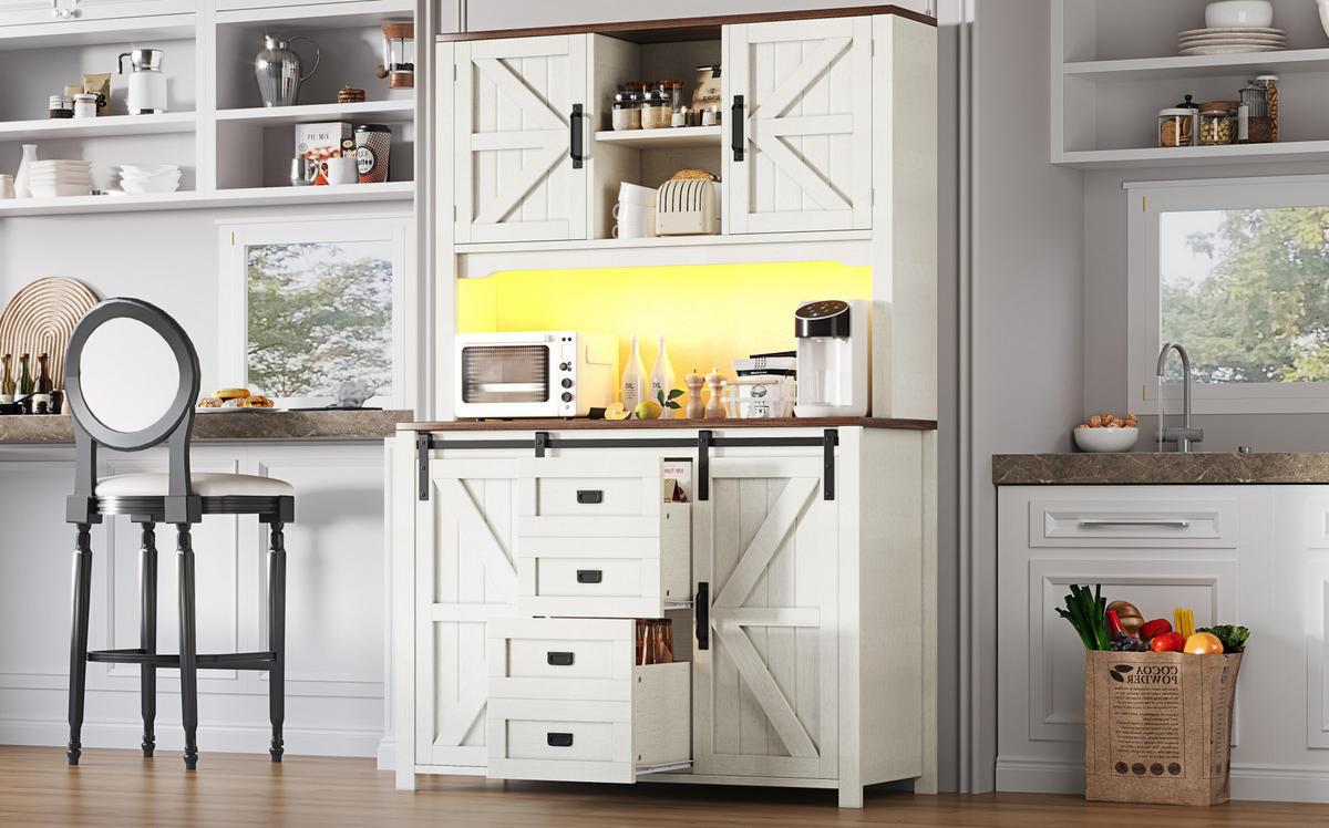 BUFFETSCHRANK, mit farbwechselnder LED-Beleuchtung und viel Stauraum, 115/40/174,7 cm, Weiß - Weiß, Holzwerkstoff (115/174.7/40cm) - Modfu