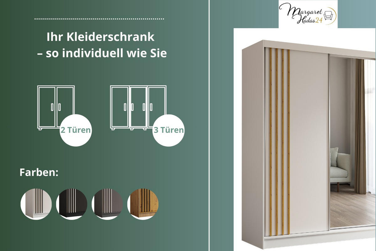 SCHWEBETÜRENSCHRANK Neli 150 cm mit Lamellen und Spiegel 2-türig, weiß, weiß, Lamelle Artisan - Weiß/Braun, Kunststoff (150/216/61cm) - Margaret Hadas24