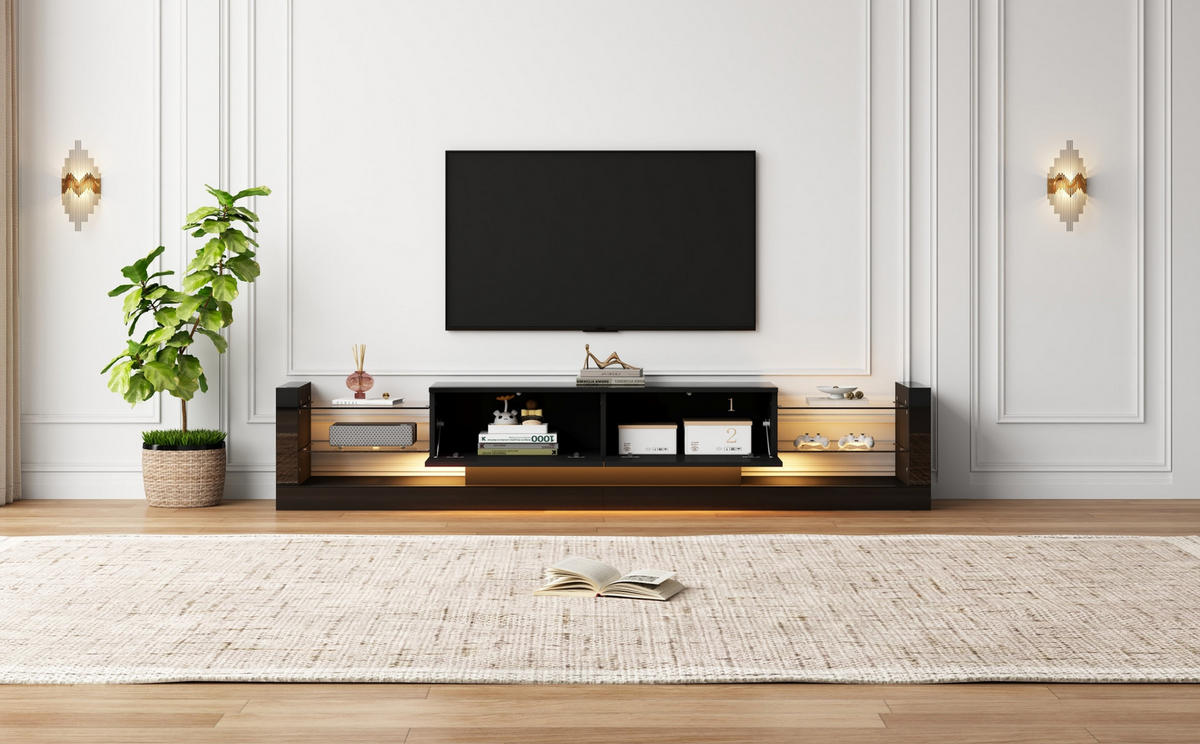 TV-LOWBOARD aus Spanplatte 181x38x38 cm Schwarz mit LED-Beleuchtung und 2 Klappschubladen - Schwarz, Holzwerkstoff (181/38/38cm) - IVMEU