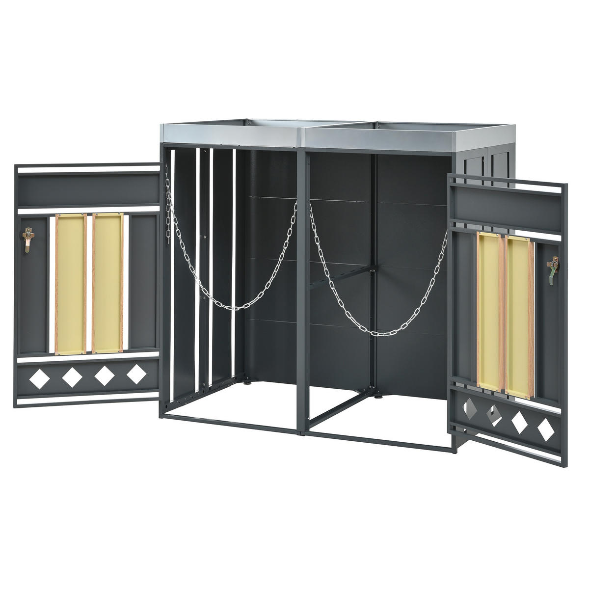 MÜLLTONNENBOX aus Stahl in Grau/Holzoptik mit Pflanzkasten & abschließbaren Türen 132x80x124,5 cm - Grau, Metall (132/124.5/80cm) - Modfu