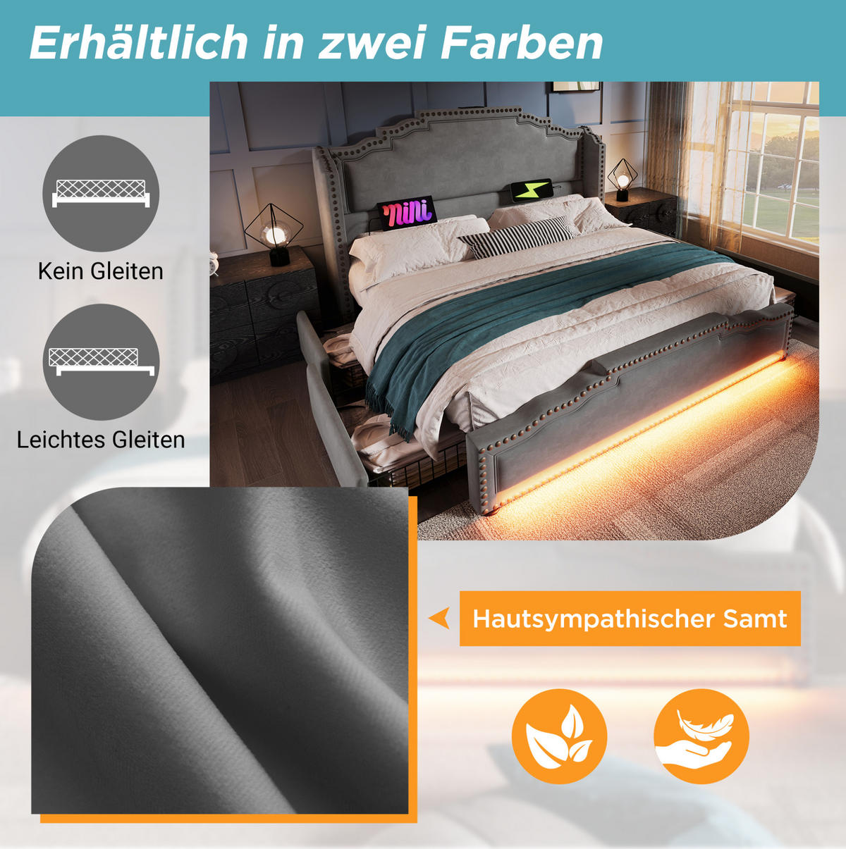 POLSTERBETT 160/200 cm Grau aus Samt mit 4 Schubladen und LED-Beleuchtung - Grau, Textil (160/200cm) - Flora Grace
