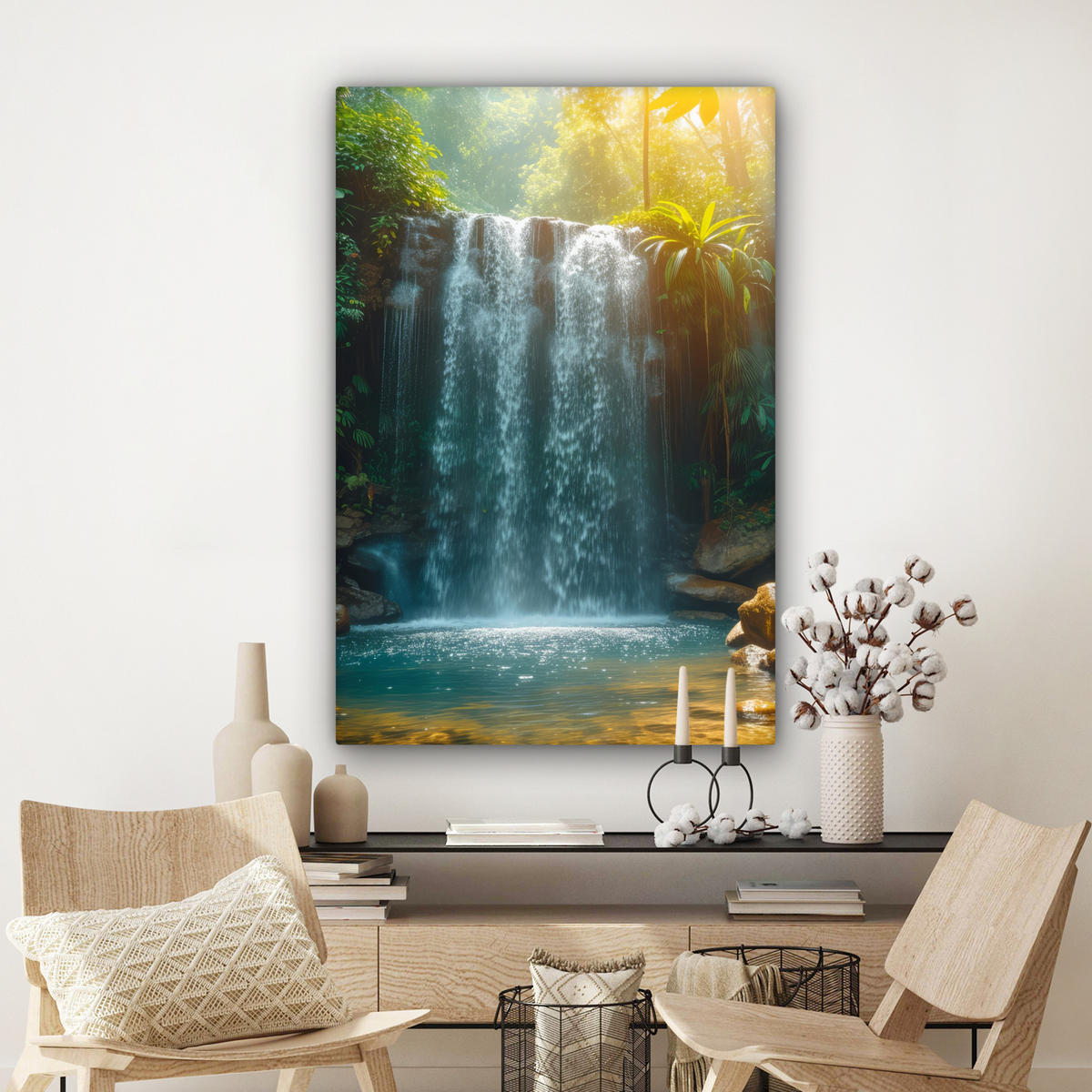 LEINWANDBILD Wasserfall - Dschungel - Sonne - Grün - Natur Deko Groß 90x140 cm - Grün, Textil (90/140cm) - MuchoWow
