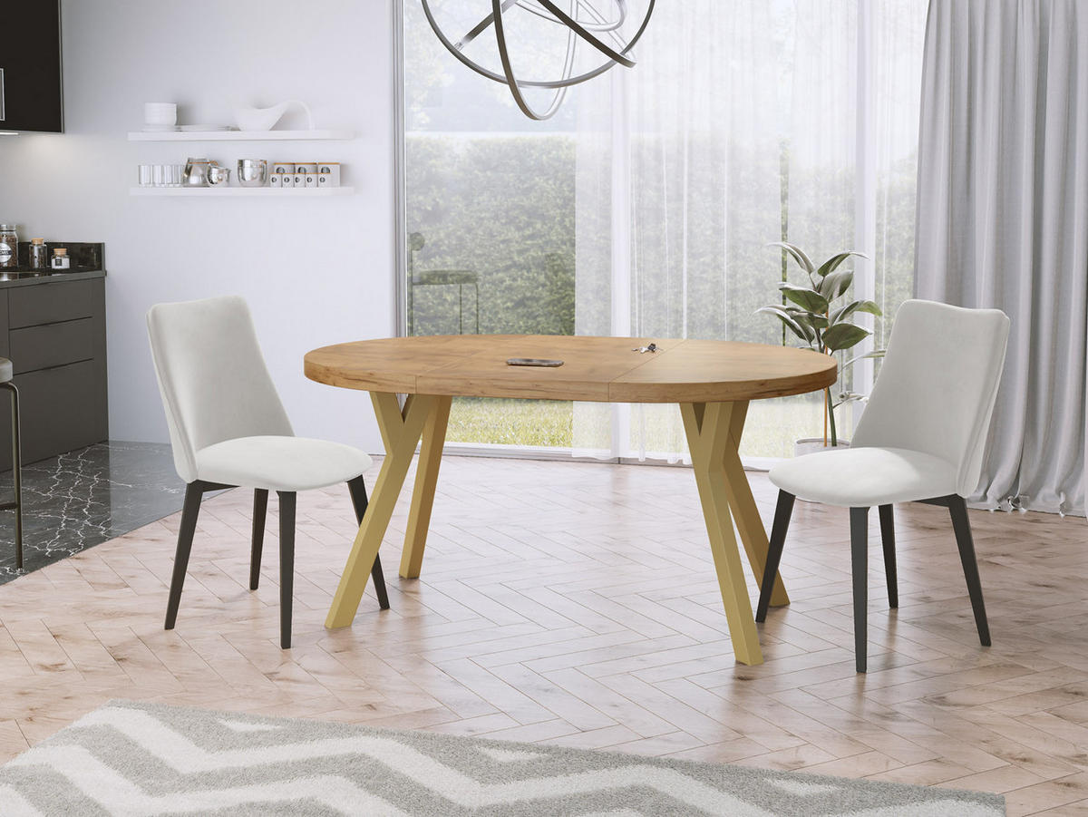 ESSTISCH Mateo runder ausziehbarer, Wotan Eiche 100-200/100/76 cm - Eiche Wotan/Goldfarben, Holz/Holzwerkstoff (100/100/76cm) - WFL GROUP