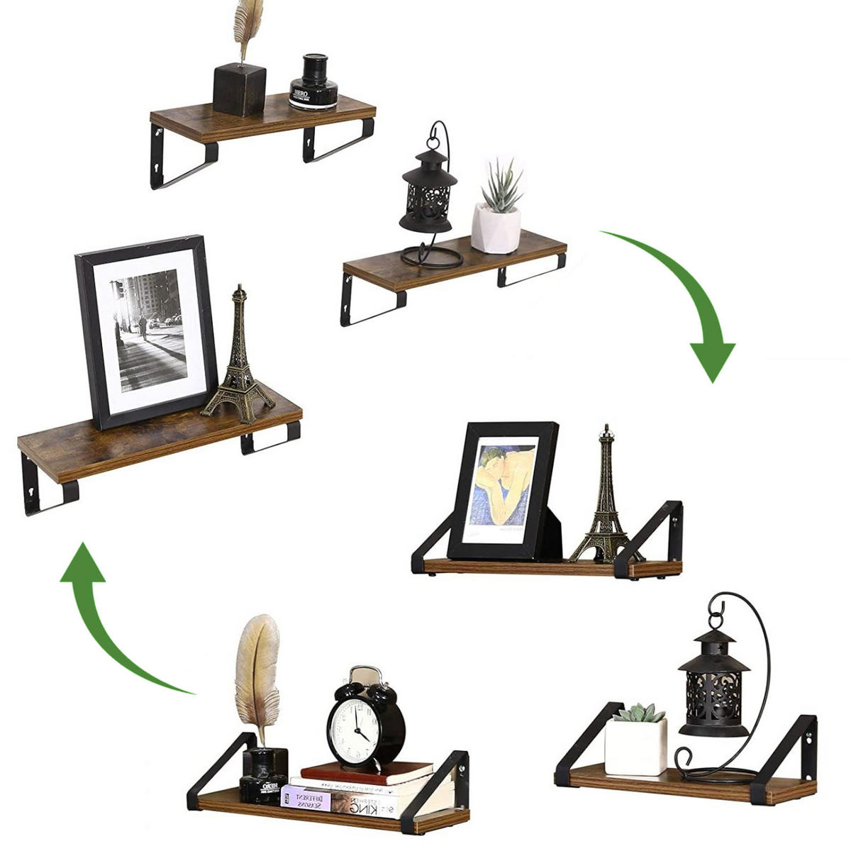 WANDREGAL Holzoptik Metall Dunkelbraun Schwarz 3-er Set 30/35/40x12x11 cm - Dunkelbraun/Schwarz, Holzwerkstoff/Metall (12/11/40cm) - Begryf