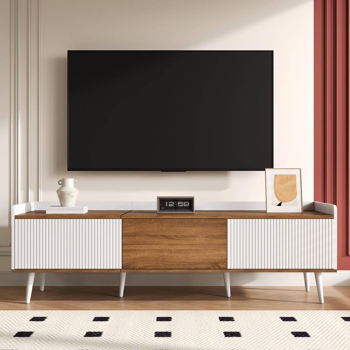 TV-ELEMENT160X39X49,5CM WeißNaturholz Dreitüriges Lowboard Mit Holzbeinen - Naturfarben, Holz (48.26/18.42/119.38cm) - Raelunyi