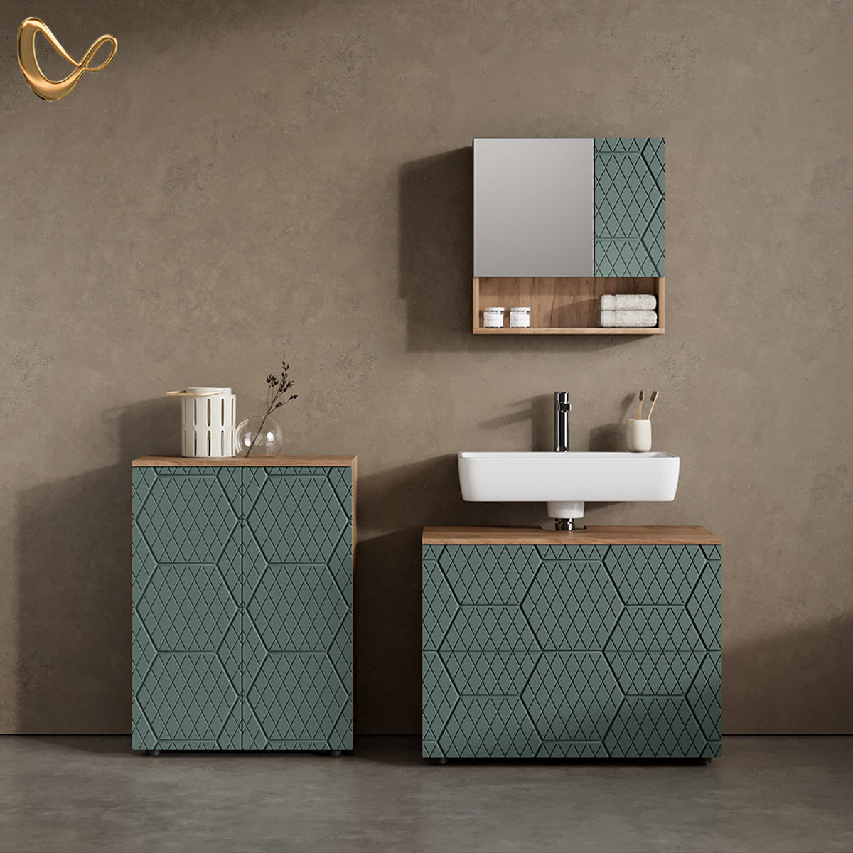 MIDISCHRANK Ronco Grün/Goldkraft Eiche 60 x 81 cm - Grün, Holzwerkstoff (60/81/30cm) - Livinity®