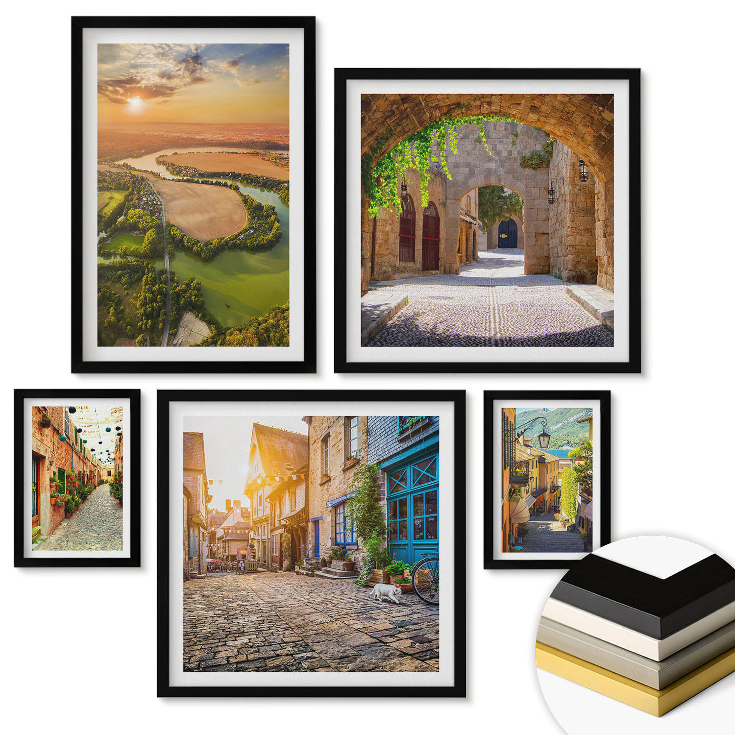 WANDBILDER 5er-Set - 50x50 cm & 20x30 cm & 40x60 cm Schwarzer Rahmen - Sommerlandschaften im Boho-Stil - Schwarz, Kunststoff (40/60cm) - ArtPrintCave
