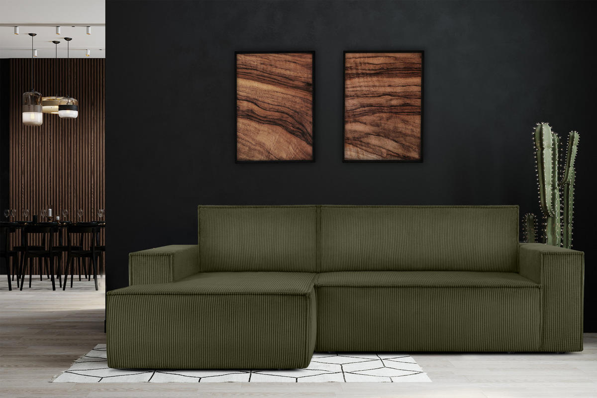 ECKSCHLAFSOFA-LINKS NAPI in Pet Friendly Cord-Stoff, oliv - Schwarz/Olivgrün, Textil (262/148cm) - KONSIMO®