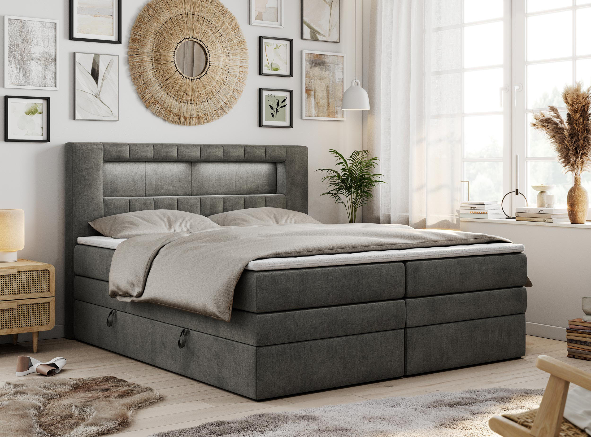 BOXSPRINGBETT GOLD-5 KING LED 200/200 Dunkelgrau Velvet - H3 - Dunkelgrau, Holz/Textil (200/200cm) - MKS