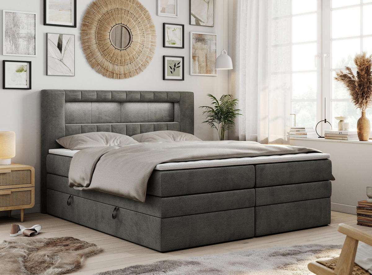 BOXSPRINGBETT GOLD-5 KING LED 200/200 Dunkelgrau Velvet - H3 - Dunkelgrau, Holz/Textil (200/200cm) - MKS