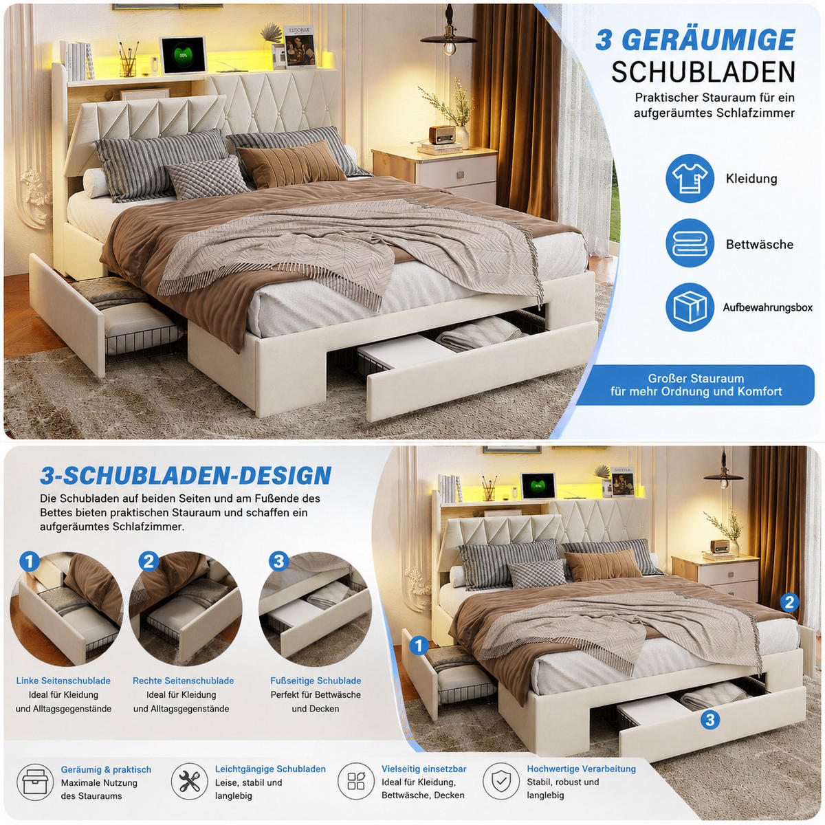 POLSTERBETT 160/200 cm mit Schubkasten‑Stauraum, LED‑Beleuchtung & USB‑Anschluss, Chesterfield‑Samtkopfteil - Beige, Holz/Metall (160/200cm) - Joyfair
