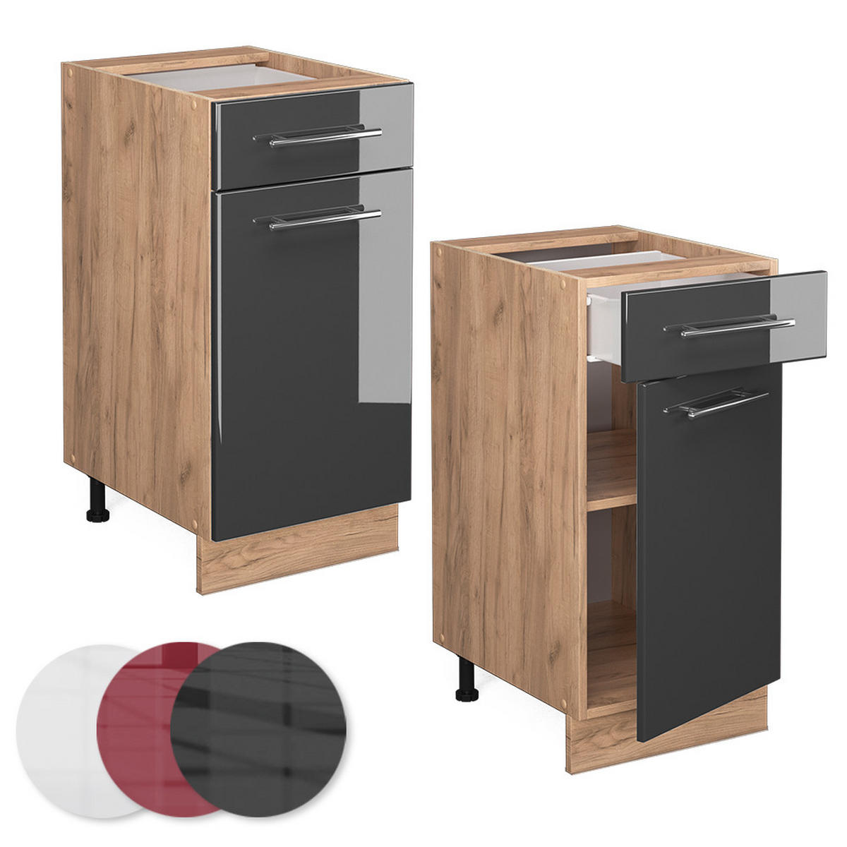 KÜCHENUNTERSCHRANK Fame-Line Anthrazit Hochglanz 40 cm, AP Marmor - Anthrazit/Eiche Wotan, Holzwerkstoff (40/82/60cm) - Vicco
