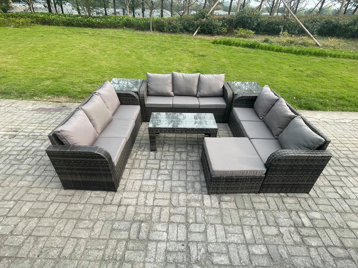 GARTENSOFA SET mit rechteckigem COUCHTISCH Polyrattan 10-Sitzer Dunkelgrau - Dunkelgrau/Grau, Glas/Kunststoff - Fimous