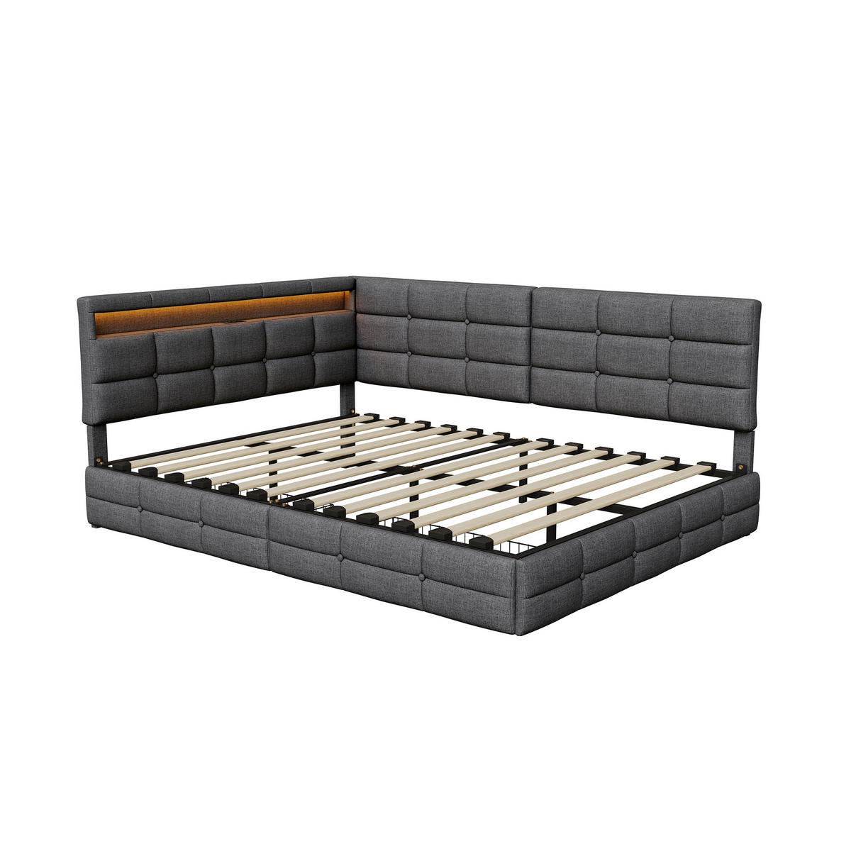 POLSTERBETT 140x190cm Tagesbett mit LED-Beleuchtung und Schublade – Leinen Grau - Grau, Textil (140/190cm) - DELFA