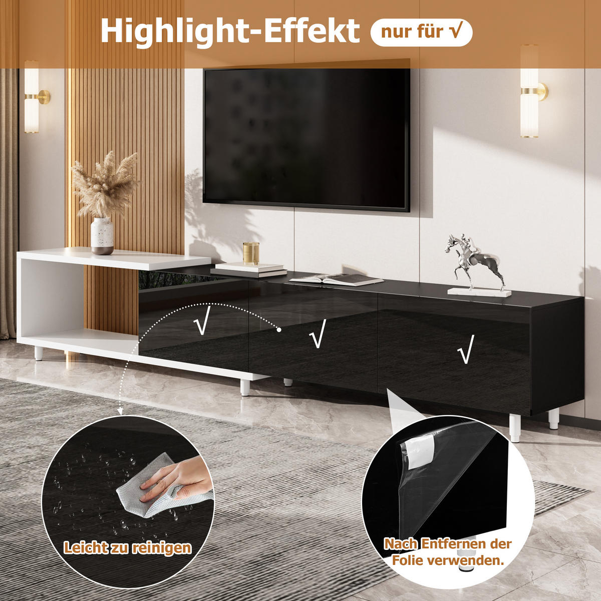 TV-SCHRANK ausziehbar 3 Türen Hochglanz Metallfüße modern - Multicolor, Holzwerkstoff (38/48.5/258cm) - FLIEKS