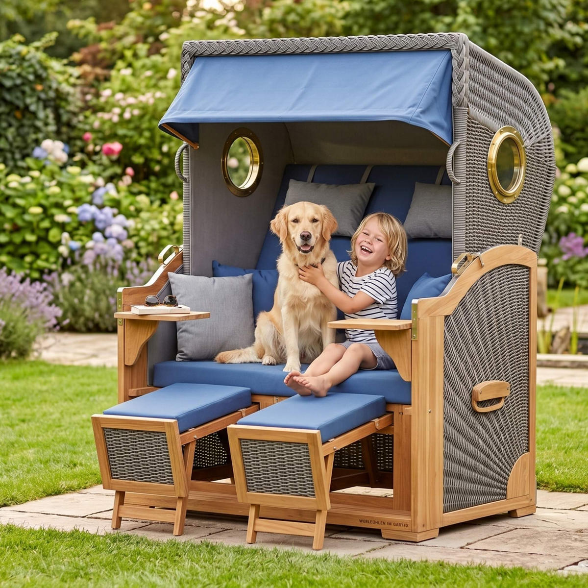 STRANDKORB XL Schillig Bullauge - Blau/Braun, Metall (142/170/95cm) - Mr. Deko