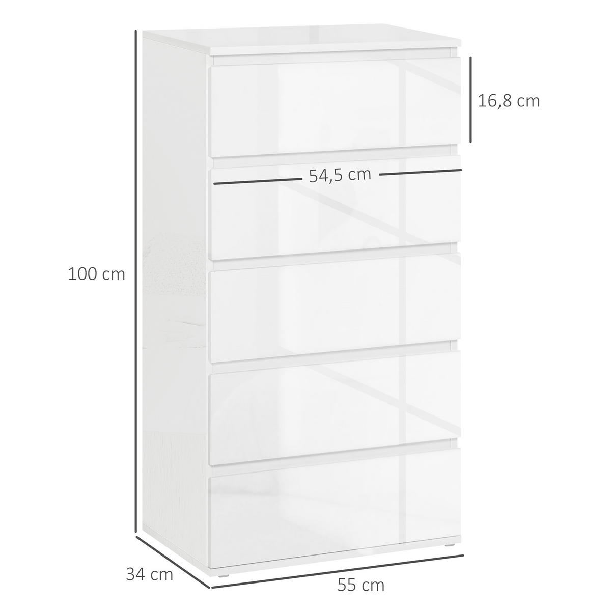 KOMMODE Schubladenschrank Sideboard mit 5 Schubladen, Weiß, 55 x 34 x 100 cm - Weiß, Holzwerkstoff (55/100/34cm) - HOMCOM