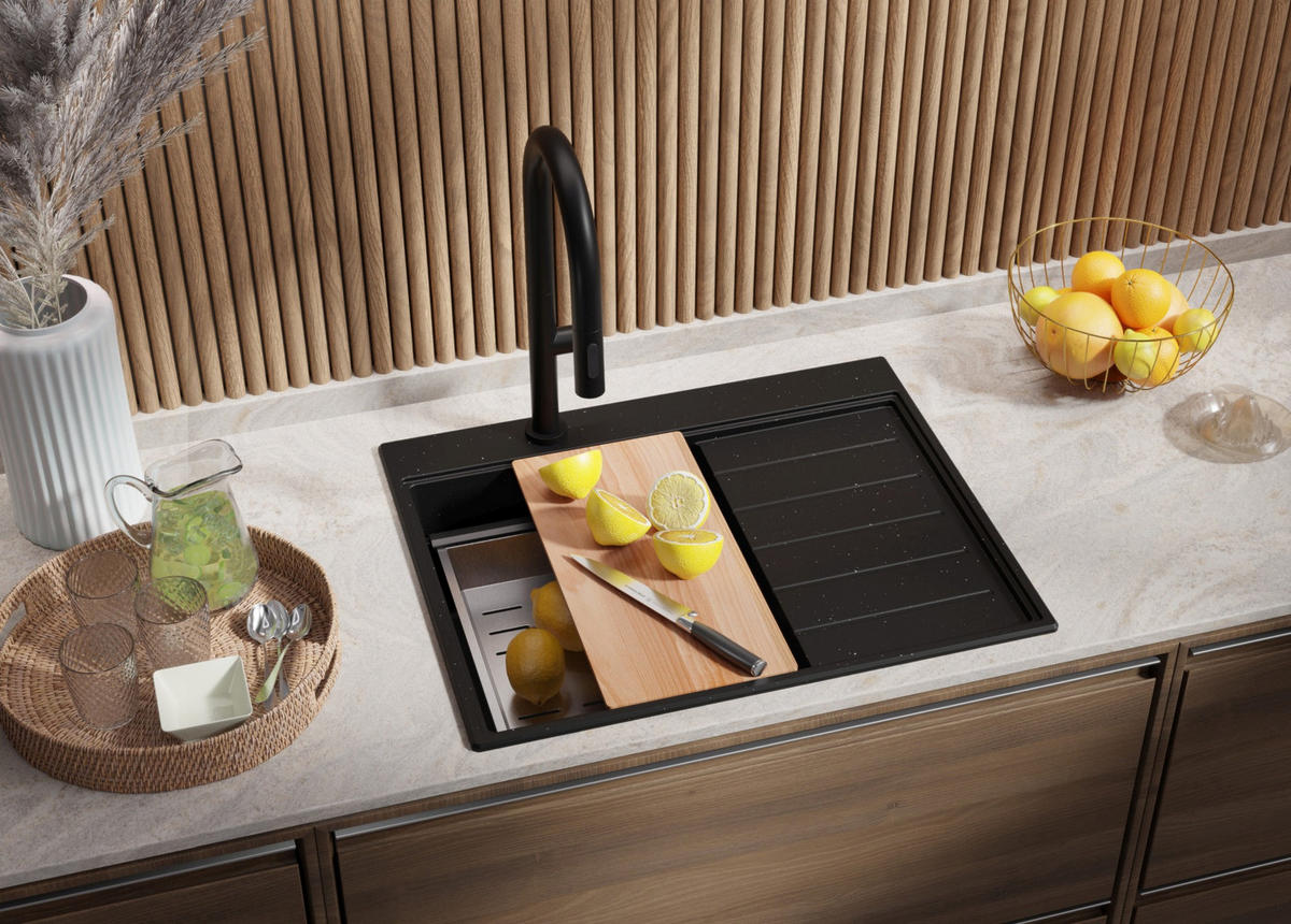 SPÜLBECKEN Sydney, 2-er set Schwarz Metallic 62/50 cm 1 Becken + Ablauf-Set + Küchenzubehörset ab 40er Unterschrank - Chromfarben/Schwarz Hochglanz, Kunststoff (62/20/50cm) - Primagran