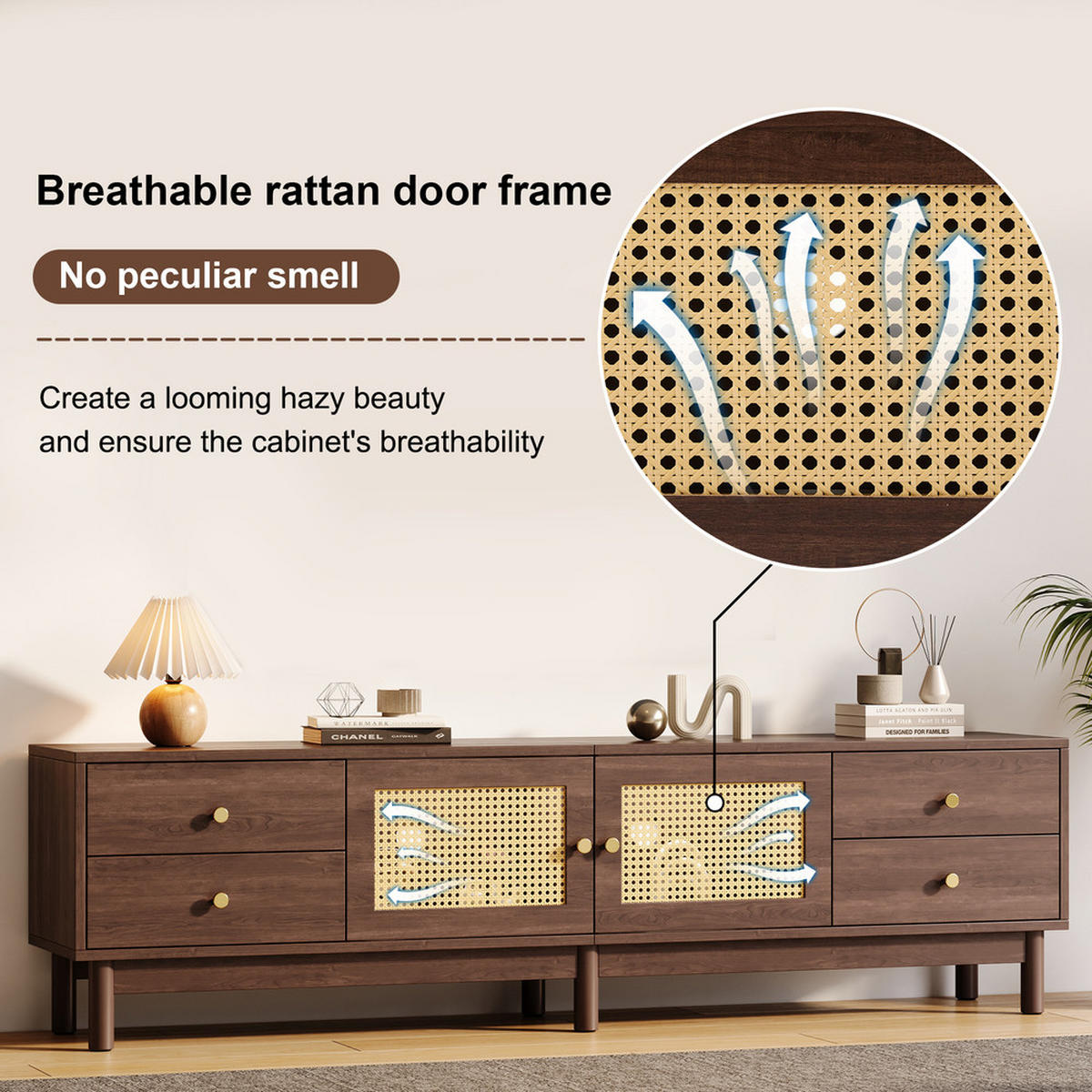 TV-SCHRANK 180cm dunkle Holzoptik Rattantüren 4 Schubladen bis 80 Zoll - Braun, Holz (44.45/15.24/104.14cm) - FLIEKS