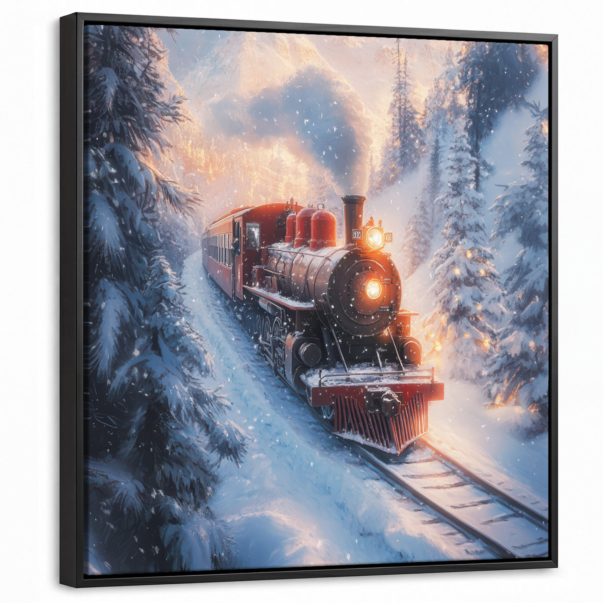 LEINWAND Bilder mit Rahmen - Weihnachtszug - Schnee - Winter - Weihnachten - 50x50 - Dunkelrot, Textil (50/50cm) - MuchoWow