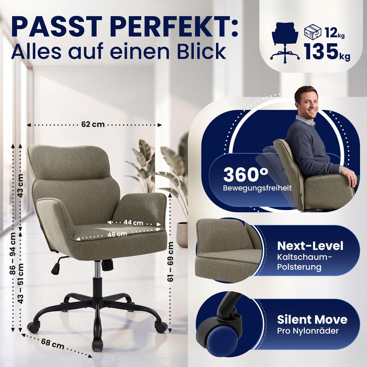 DREHSTUHL Stoff Taupe - Taupe/Schwarz, Textil (62/86/68cm) - CLP