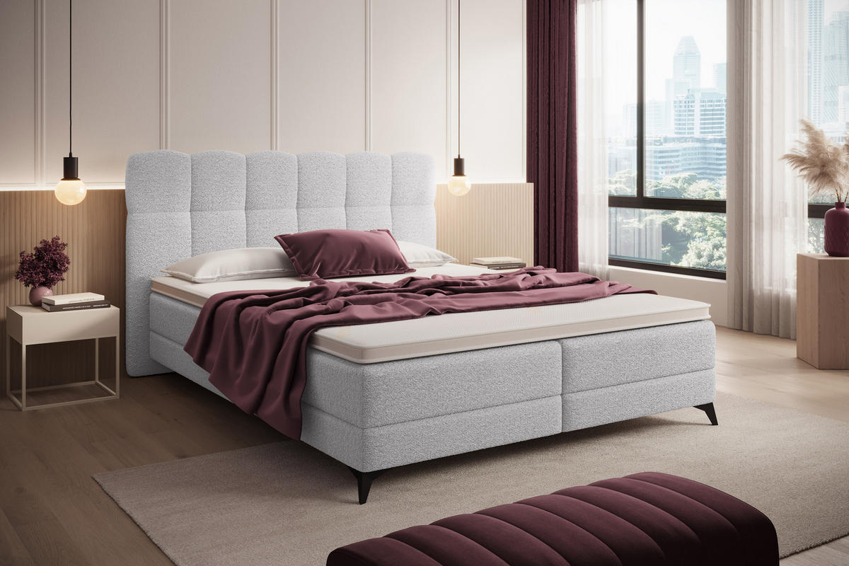 BOXBETT Madison 6 Hellgrau 160/200 H2/H3 Boucle - Hellgrau/Schwarz, Textil/Metall (160/200cm) - wonello