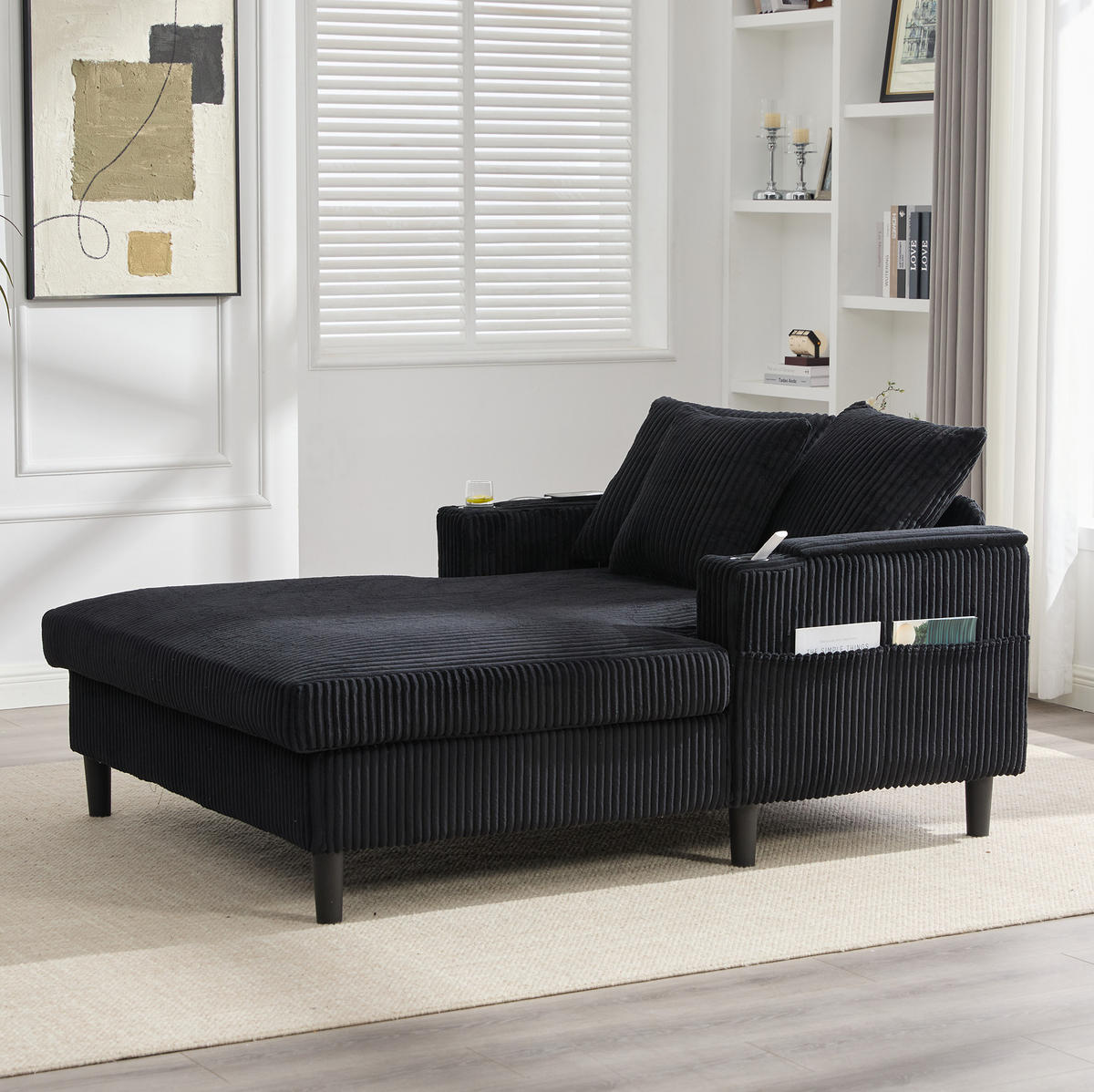 CHAISELONGUE mit LED, USB und Stauraum 129 x 170 x 70 cm Cord Black - Schwarz, Holz (170/70/129cm) - Meubliv