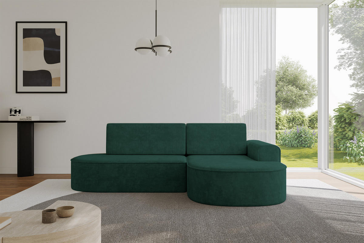 ECKSOFA mit Schlaffunktion und Bettkasten Ottomane Rechts MARI-L1-S - 283x167x73 cm Grün Velours - Waldgrün/Schwarz, Holzwerkstoff/Kunststoff (167/283cm) - ALTDECOR